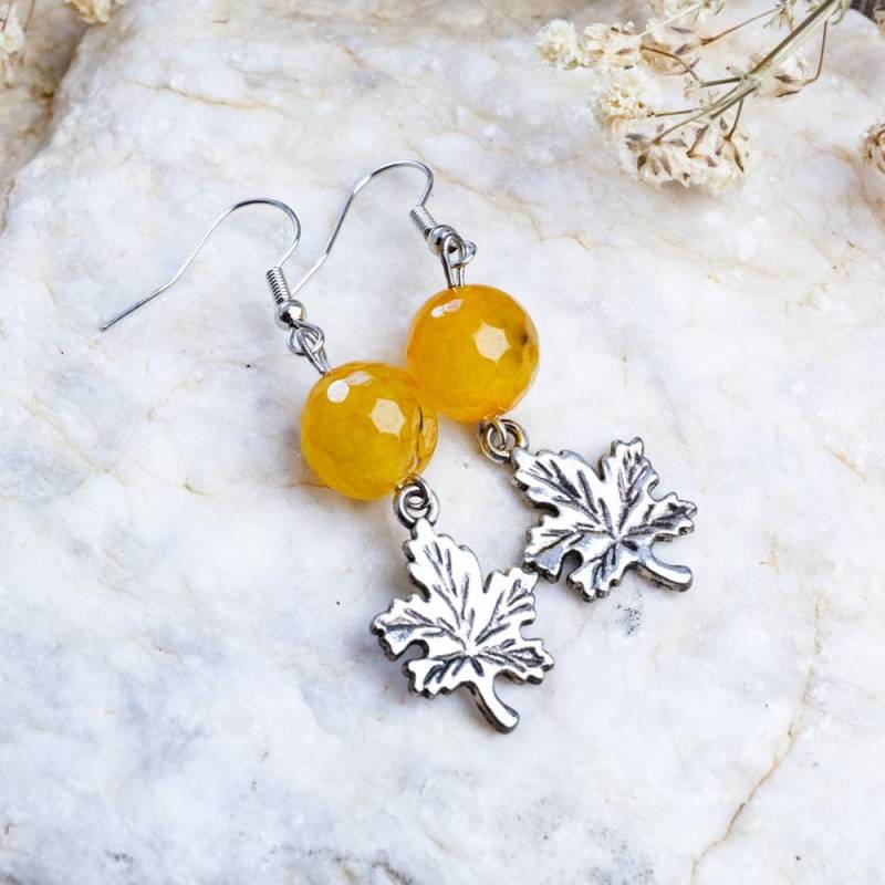 Handmade Agate Earrings, Semi-Precious Stone Orange Leaf Tree Gift For Her, Woman von HandlyStudioStore