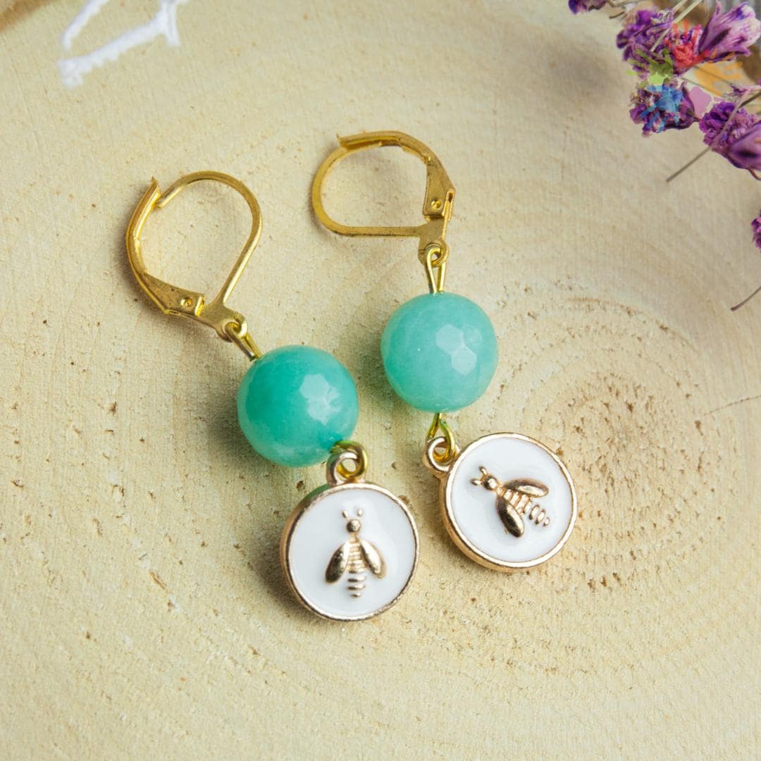 Handmade Agate Enamel Earrings, Semi-Precious Stone Bee Insect Blue Gift For Her von HandlyStudioStore