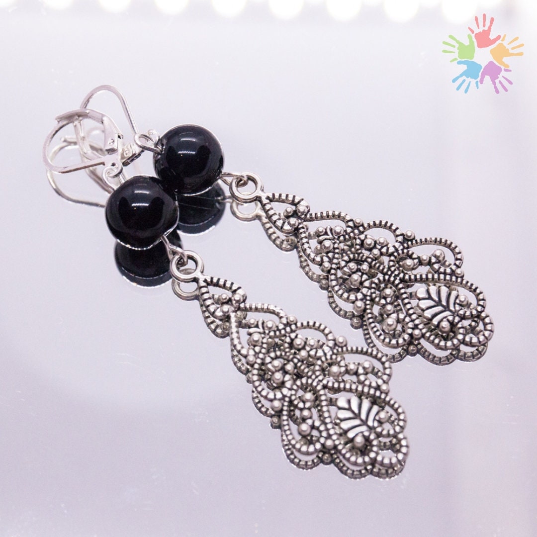Handmade Black Agate Earrings, Beautiful Long Elegant Earrings Handmade Black Agate Earrings, Beautiful Long Elegant Earrings von HandlyStudioStore