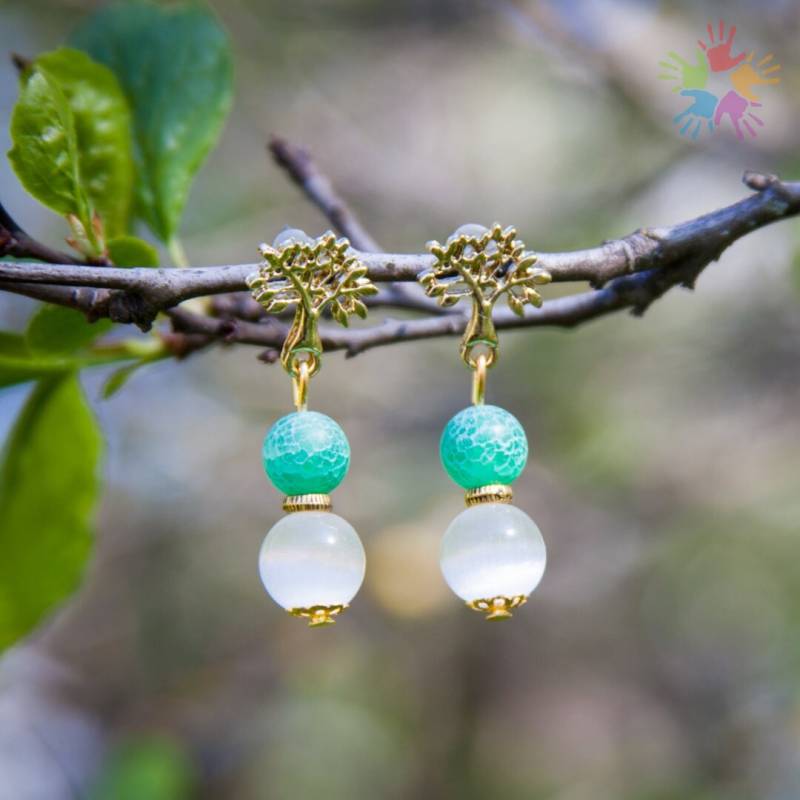 Handmade Cat's Eye & Agate Earrings, Beautiful Tree Of Life Small Gift For Woman, Bridal Earrings von HandlyStudioStore