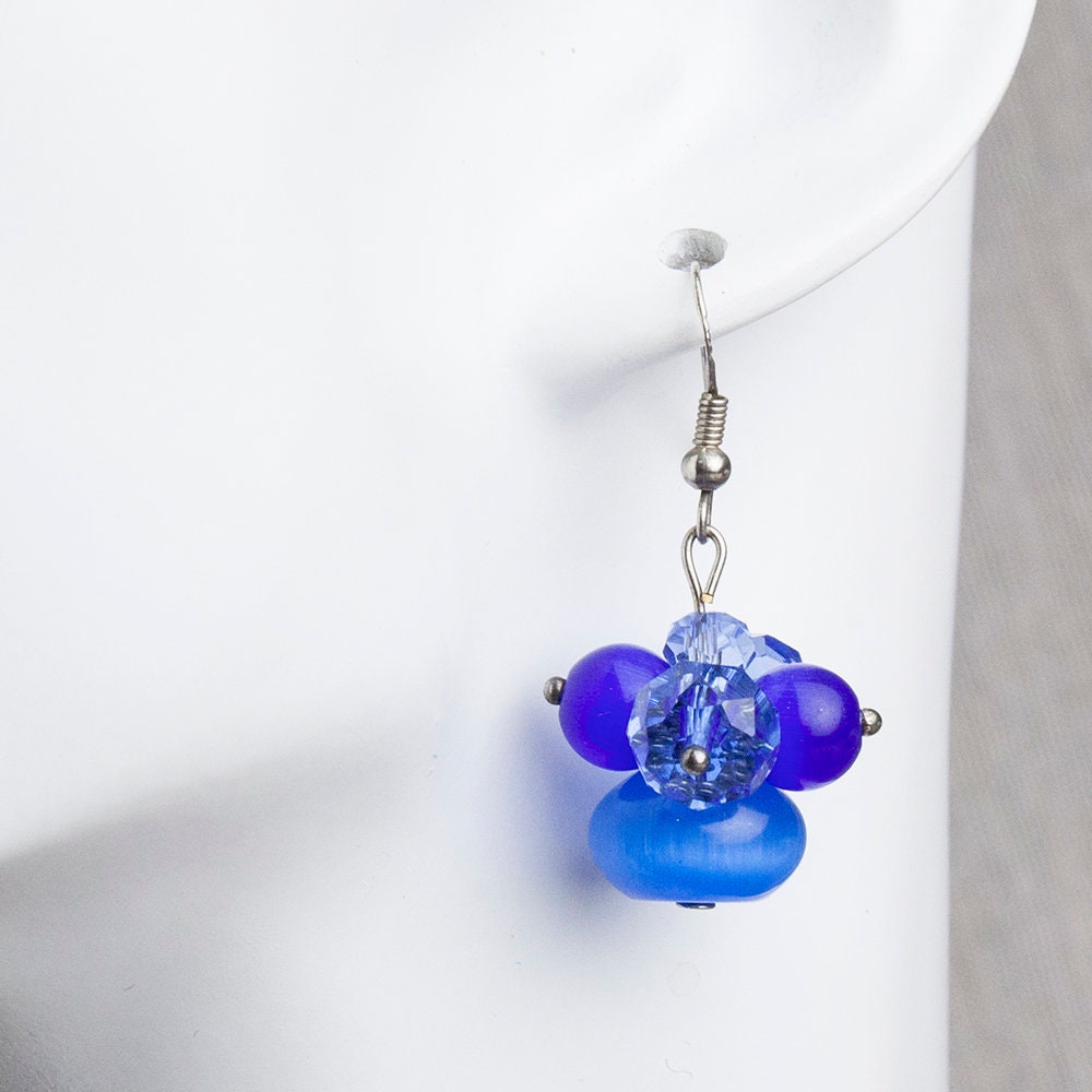 Handmade Cat's Eye & Czech Crystal Earrings, Beautiful Blue Gift For Woman, Everyday Her von HandlyStudioStore