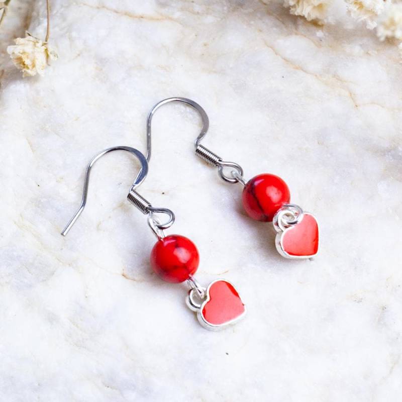 Handmade Howlite Enamel Earrings, Semi-Precious Stone Heart Love Red Gift For Her Handmade Howlite Enamel Earrings, Semi-Precious Stone Heart Love Red Gift For Her von HandlyStudioStore