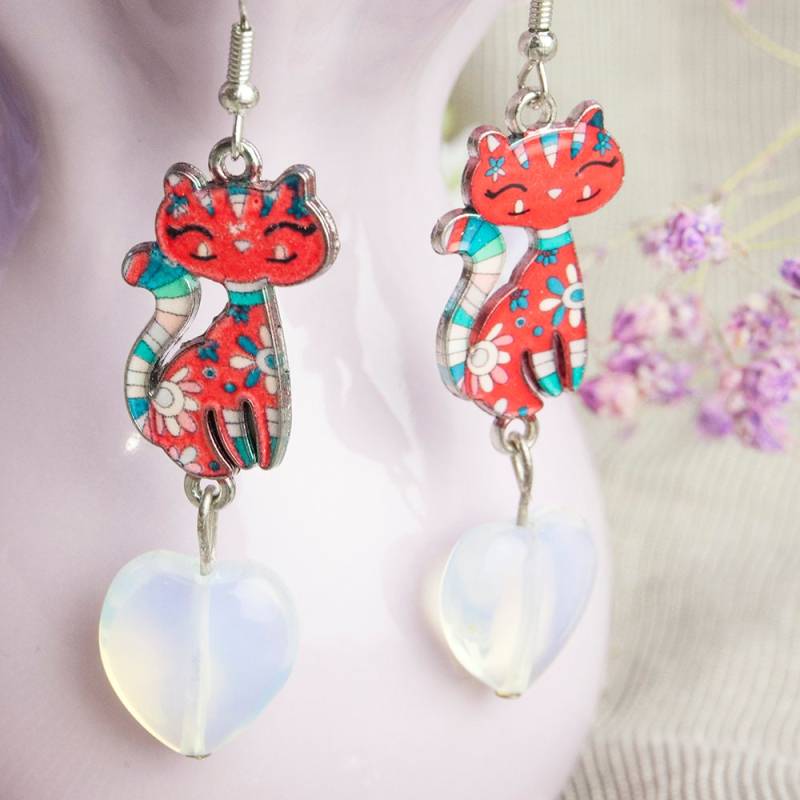 Handmade Opalite Enamel Earrings, Beautiful Colorful Red Cat Kitten Funny Cartoon von HandlyStudioStore