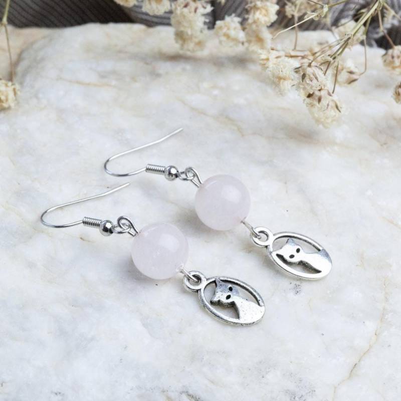 Handmade Rose Quartz Earrings, Beautiful Metal Cat Kitten Pink Gift For Her, Tiny Handmade Rose Quartz Earrings, Beautiful Metal Cat Kitten Pink Gift For Her, Tiny von HandlyStudioStore