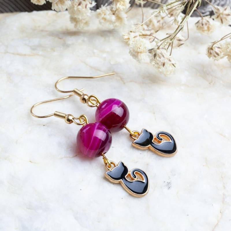 Handmade Tiger's Eye Cat Earrings, Beautiful Black Enamel Gemstone Jewelry, Gift For Her von HandlyStudioStore