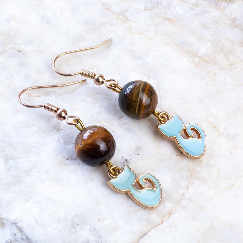 Handmade Tiger's Eye Cat Earrings, Beautiful Blue Enamel Gemstone Jewelry, Gift For Her von HandlyStudioStore