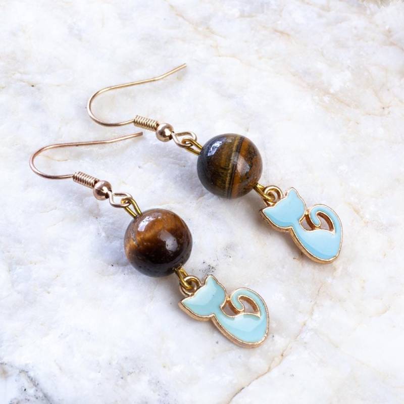 Handmade Tiger's Eye Cat Earrings, Beautiful Blue Enamel Gemstone Jewelry, Gift For Her von HandlyStudioStore