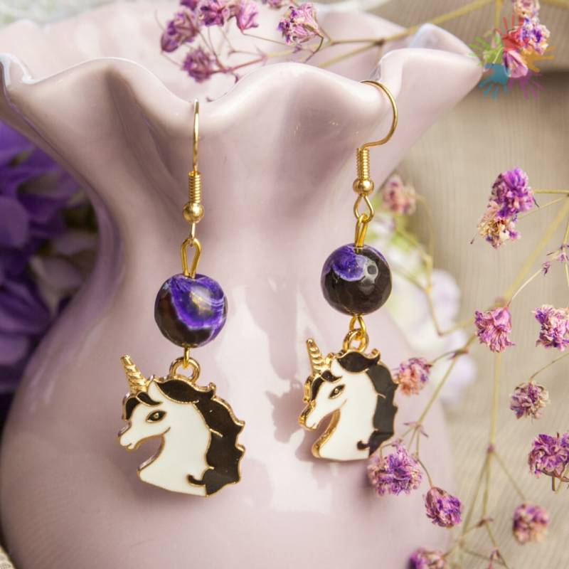 Handmade Unique Agate Enamel Blue Unicorn Earrings, Beautiful Elegant Fairy Earrings von HandlyStudioStore
