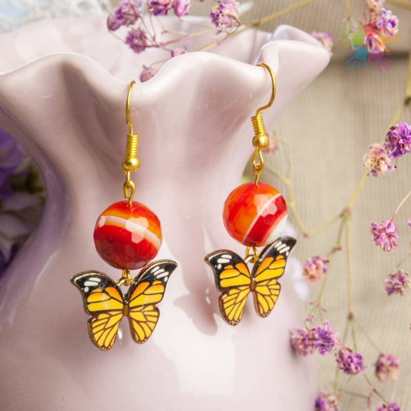 Handmade Unique Agate Enamel Yellow Butterfly Earrings, Beautiful Elegant Earrings von HandlyStudioStore
