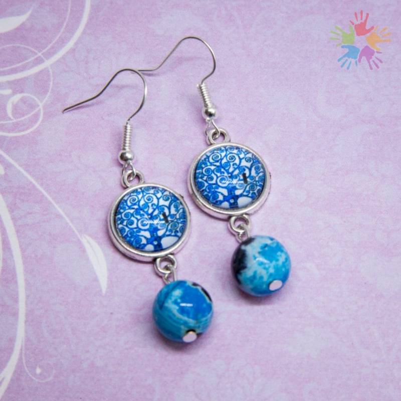 Handmade Unique Agate & Glass Earrings, Beautiful Elegant Tree Of Life, Blue Earrings von HandlyStudioStore
