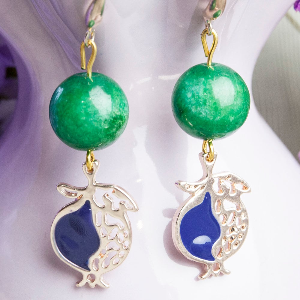 Handmade Unique Chalcedony Enamel Earrings, Beautiful Elegant Pomegranate Blue & Green von HandlyStudioStore