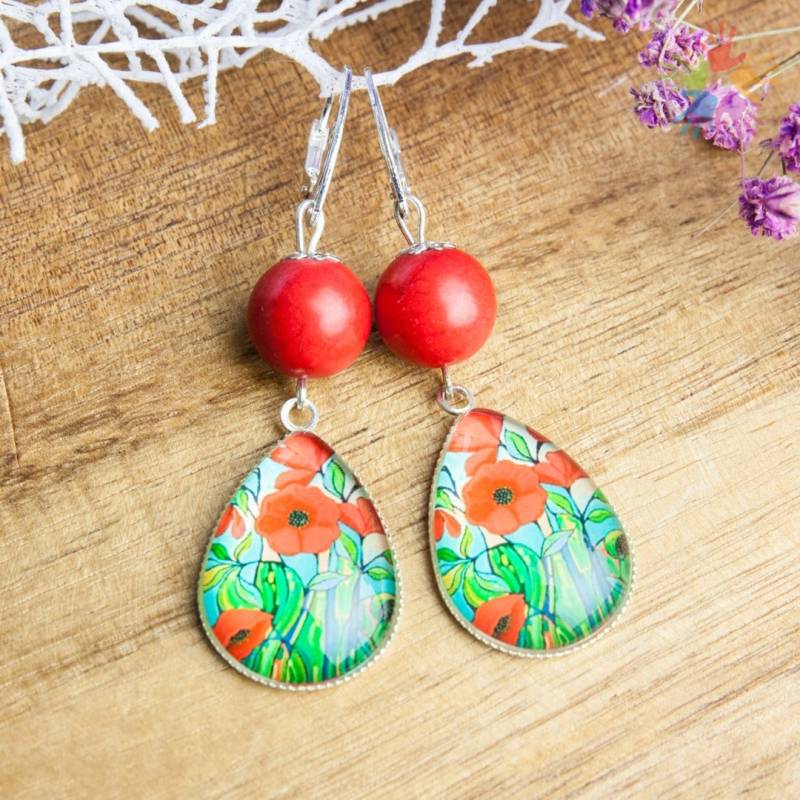 Handmade Unique Howlite Poppy Glass Earrings, Elegant Bright Summer Earrings von HandlyStudioStore