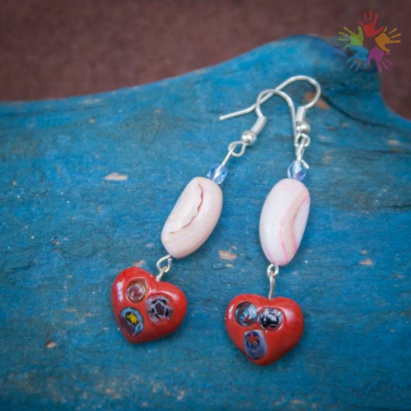 Handmade Unique Mother Of Pearl & Porcelain Earrings, Elegant Love Heart, Flowers von HandlyStudioStore