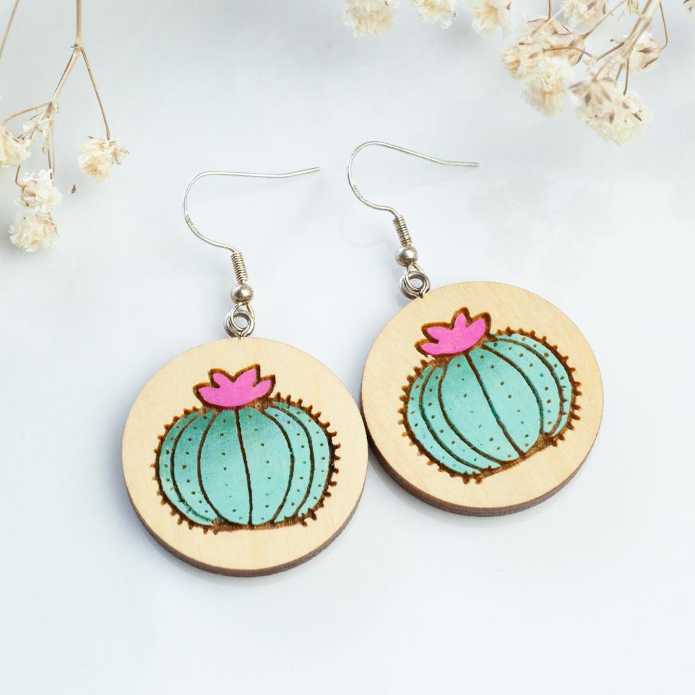 Handpainted Wooden Blooming Cactus Earrings, Succulent Beautiful Handmade Gift For Everyone, Floral Earrings von HandlyStudioStore