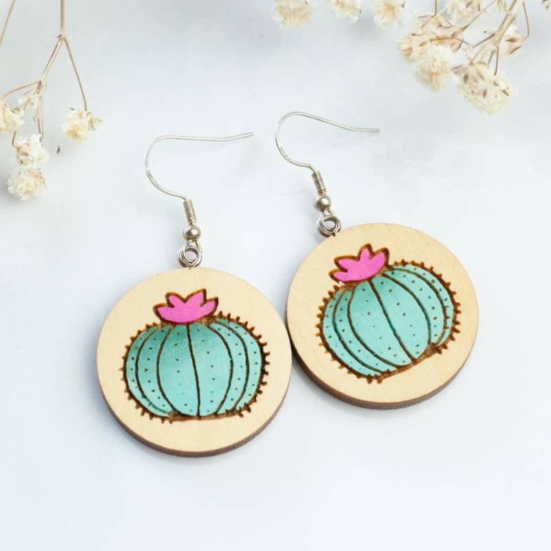Handpainted Wooden Blooming Cactus Earrings, Succulent Beautiful Handmade Gift For Everyone, Floral Earrings von HandlyStudioStore