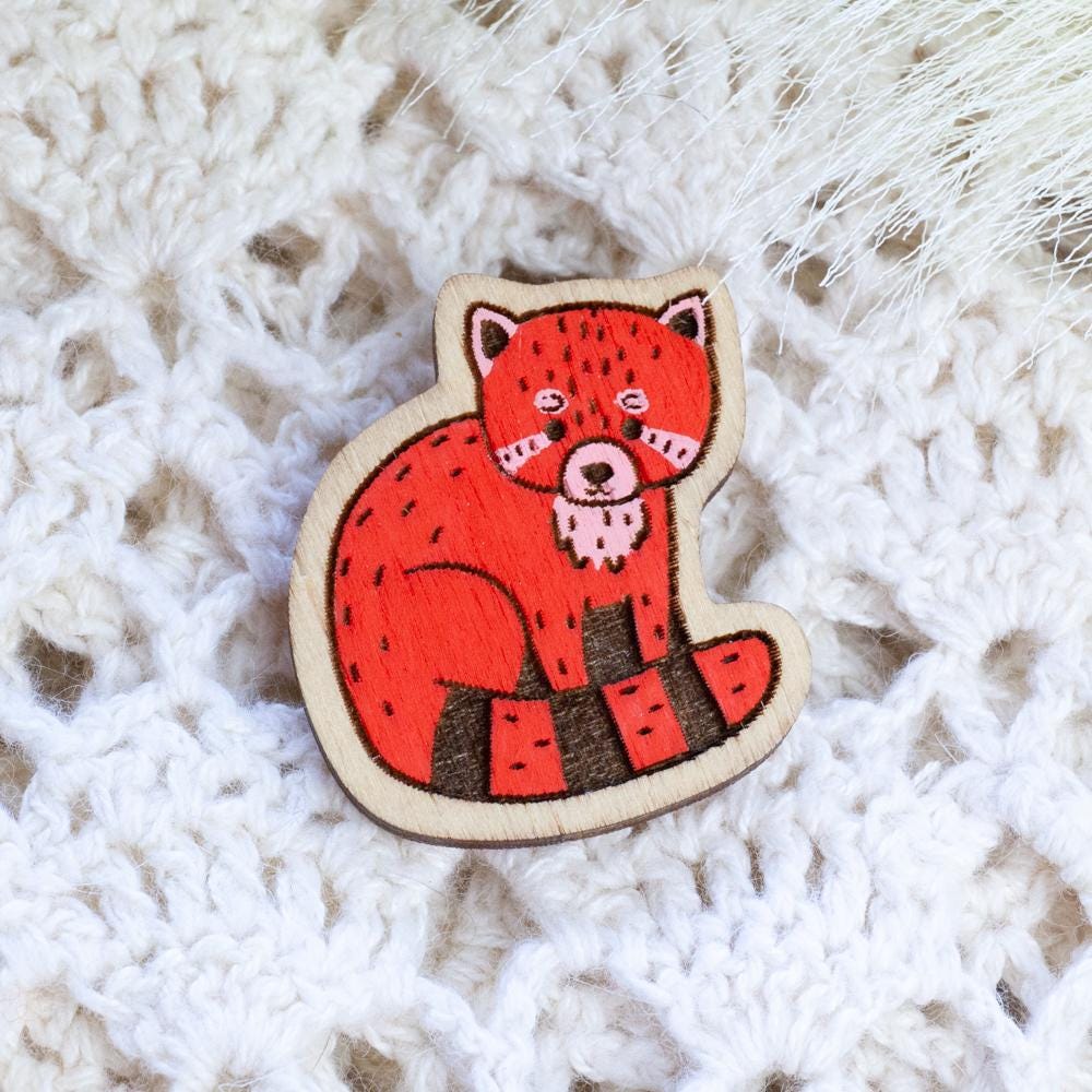 Handpainted Wooden Brooch, Red Panda Lesser Handmade Gift For Everyone, Animal Jewelry von HandlyStudioStore