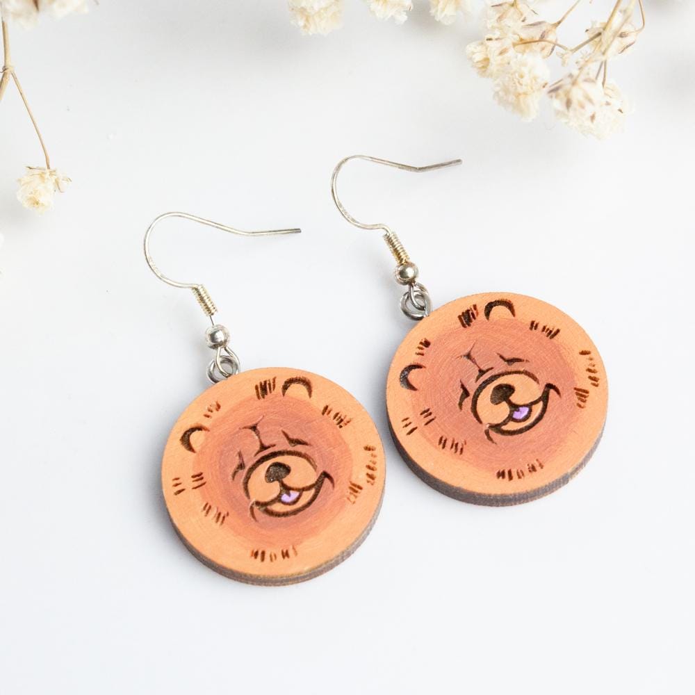 Handpainted Wooden Earrings, Dog Beautiful Handmade Chow Gift For Everyone, Animal Earrings von HandlyStudioStore