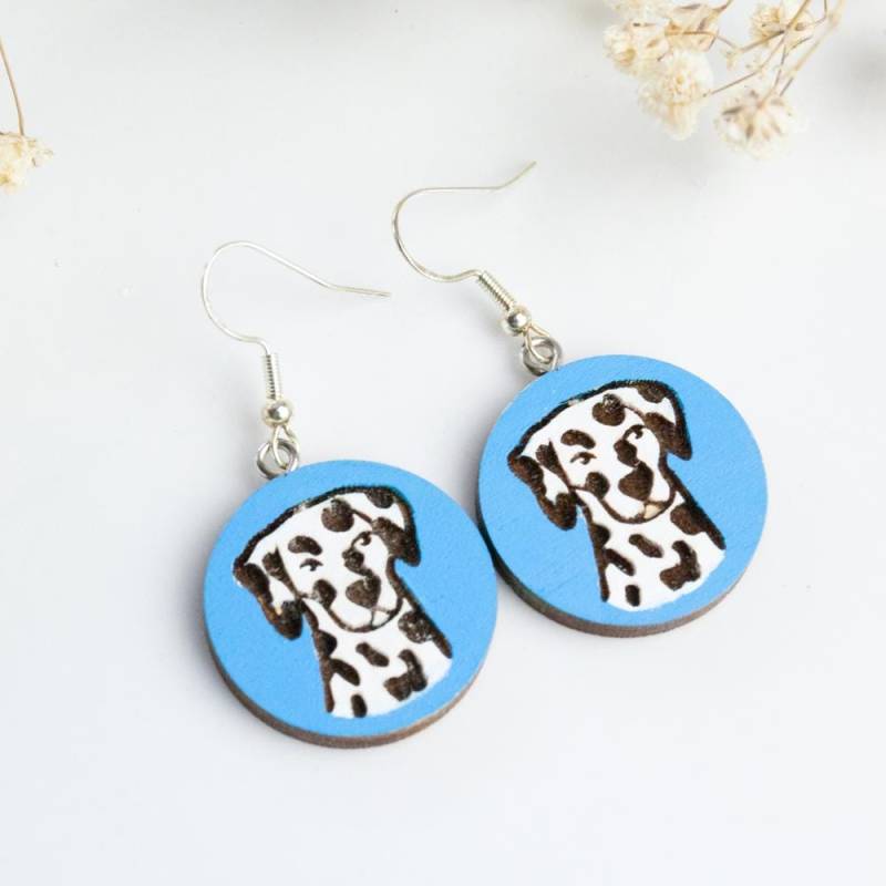 Handpainted Wooden Earrings, Dog Beautiful Handmade Dalmatian Gift For Everyone, Animal Earrings von HandlyStudioStore