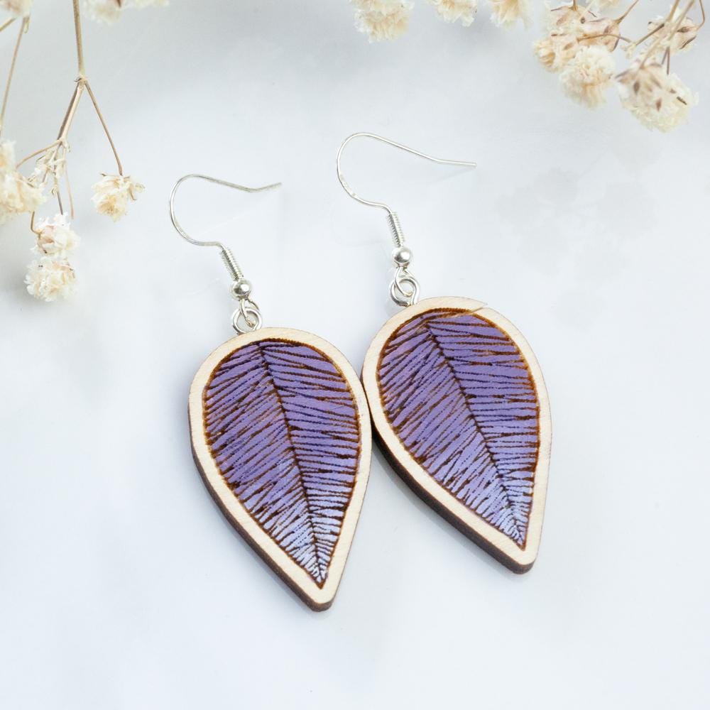 Handpainted Wooden Earrings, Leaf Beautiful Handmade Purple Gift For Everyone, Forest Tree Earrings Handpainted Wooden Earrings, Leaf Beautiful Handmade Purple Gift For Everyone, Forest Tree Earrings von HandlyStudioStore