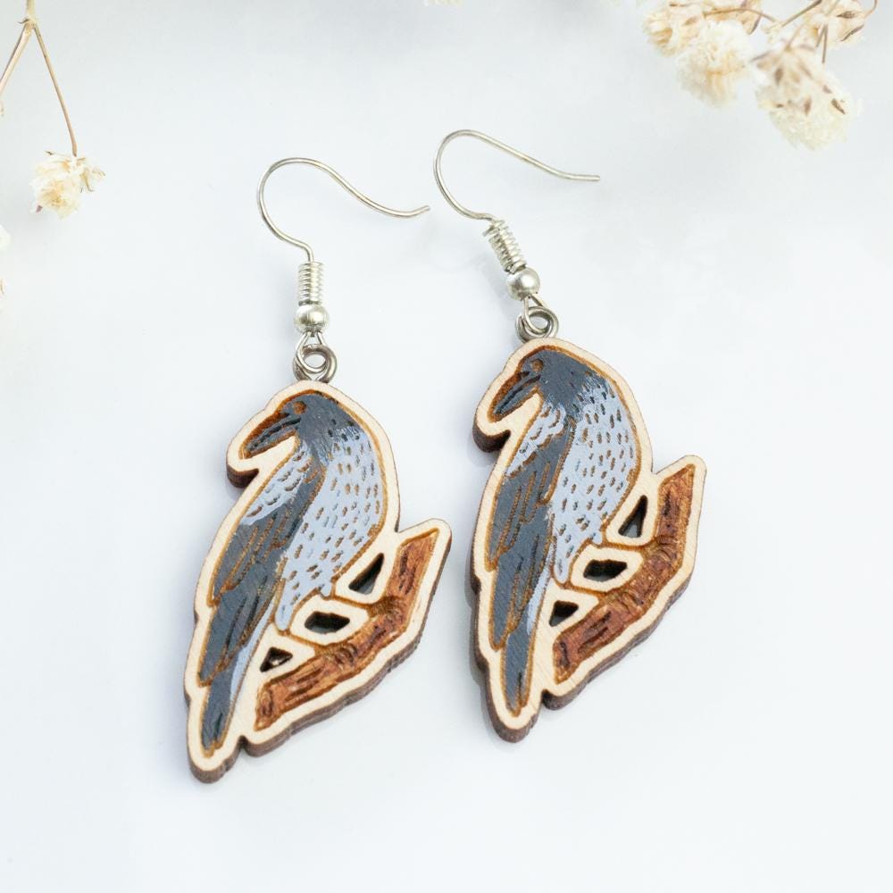 Handpainted Wooden Earrings, Raven Jewelry, Beautiful Handmade Gift For Everyone, Bird Grey Handpainted Wooden Earrings, Raven Jewelry, Beautiful Handmade Gift For Everyone, Bird Grey von HandlyStudioStore