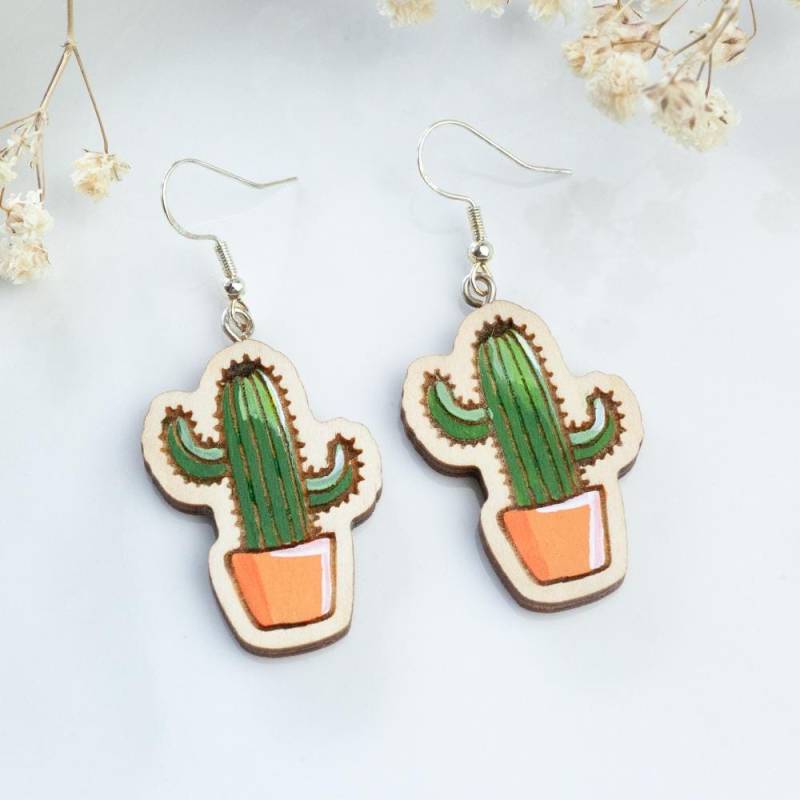 Handpainted Wooden Potted Cactus Earrings, Succulent Beautiful Handmade Gift For Everyone, Floral Her von HandlyStudioStore