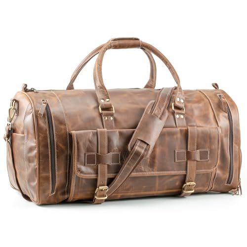 Handmade World Duffel Reisetasche für Damen und Herren, "The Gallivant", 61 cm, echtes Leder, groß, Weekender für Sportgepäck, Business, Braun, Carry-On 24 Inch, Carry on Lugagge für lange Reisen von Handmade World