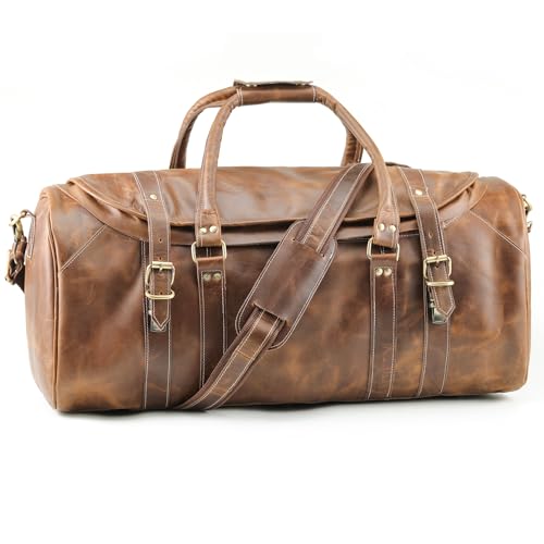 Handmade World Duffel Reisetasche für Damen und Herren, "The Maunder", 61 cm, echtes Leder, groß, Weekender für Sportgepäck, Business, Braun, Carry-On-24 Inch, Reisetasche von Handmade World