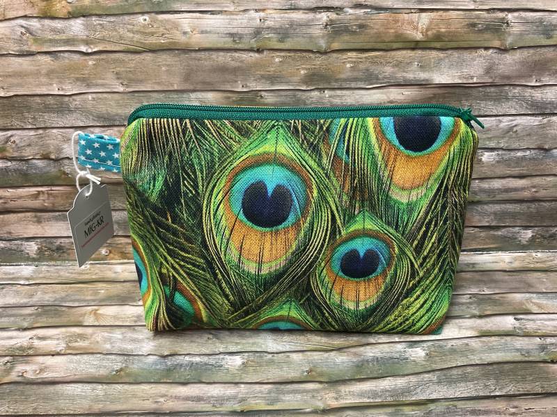 Reißverschlusstäschchen „Pfauenfedern", Täschchen, Tasche, Schminktäschchen, Kosmetiktäschchen, Universaltäschchen, Pfau, Pfauenfedern von HandmadeAusKrefeld