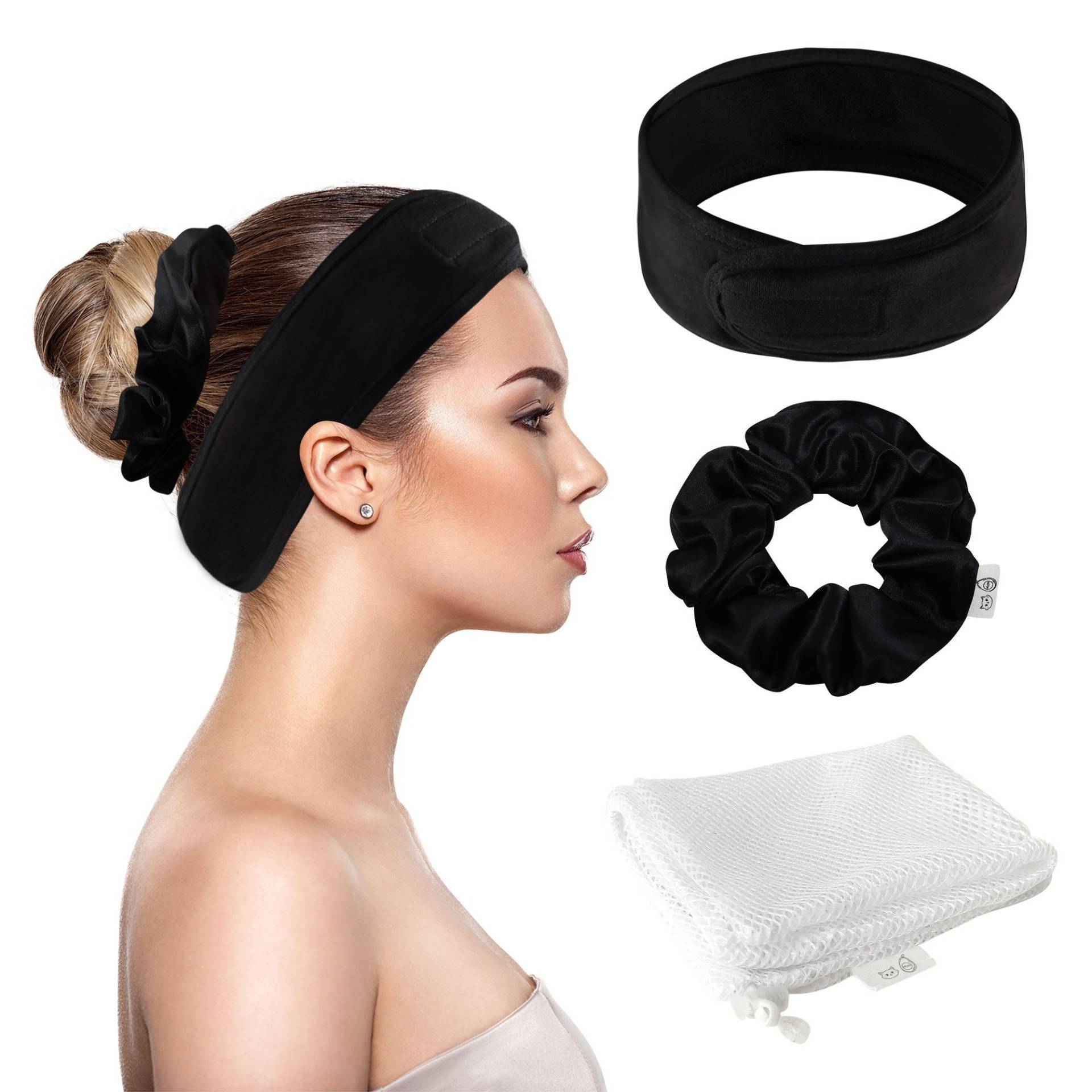 100% Bio-Bambus-Baumwolle Haarbänder Für Frauen Weiche Kopfwickel Die Dusche | Schwarz - Spa-stirnband-Set Mit Seiden-Scrunchie Und Wäschesack von HandmadeByAVO