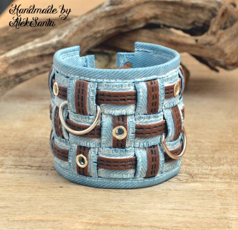 Boho Polymer Clay Denim Look Manschetten Armband Hellblau & Braun Chunky Hippie Schmuck Für Jeden Tag von HandmadeByAleksanta