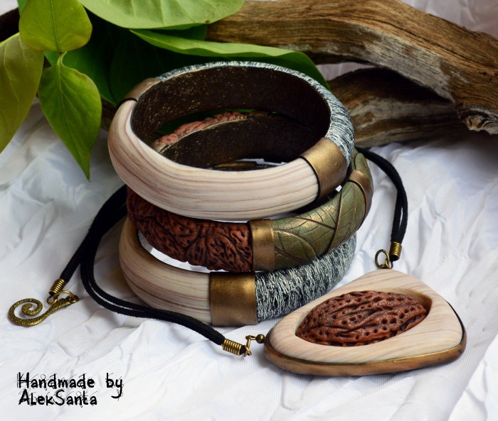 statement Beige Schwarz Grün Polymer Ton Schmuckset Naturinspirierte Blatt Armbänder & Anhänger Halskette von HandmadeByAleksanta