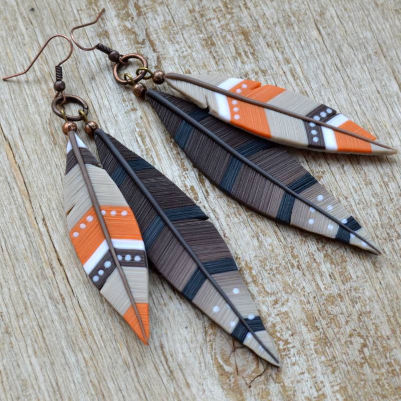 statement Südwestlichen Herbst Erdton Lange Feder Ohrringe - Polymer Clay Western Schmuck von HandmadeByAleksanta