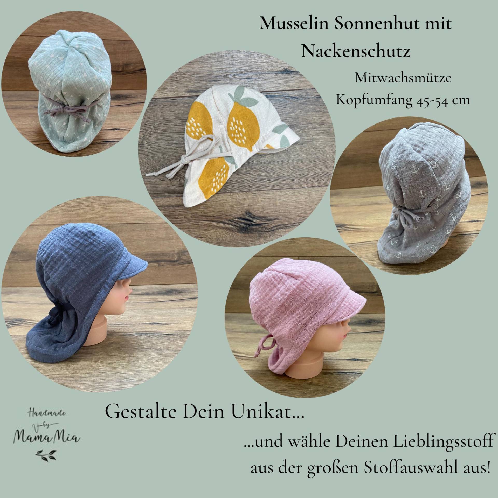Einlagiger Leichter Musselin Sonnenhut/Sommermütze Mitwachsmütze Kopfumfang 45-54 cm Babymütze, Kindersonnenhut Mit Stoffauswahl von HandmadeByMamaMia