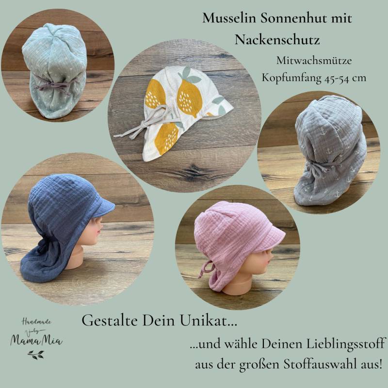 Einlagiger Leichter Musselin Sonnenhut/Sommermütze Mitwachsmütze Kopfumfang 45-54 cm Babymütze, Kindersonnenhut Mit Stoffauswahl von HandmadeByMamaMia