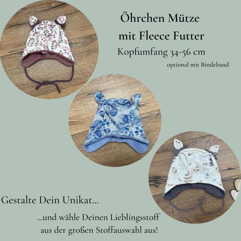 Gefütterte Öhrchen Mütze Mit Baumwolle - Fleece Herbst/Winter Babymütze Kindermütze Ku 36-56 Jerseymütze in Wunschgröße Und Wunschstoff von HandmadeByMamaMia