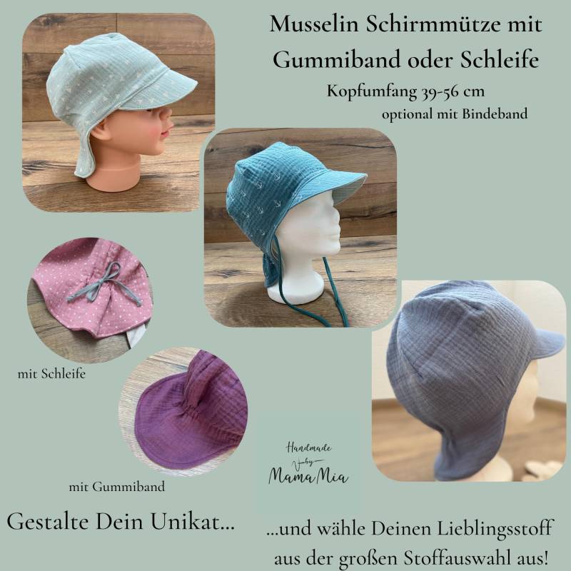 Luftige Schirmmütze, Musselinhut, Kindersonnenhut, Sommer Musselinmütze in Wunschgröße Und Wunschdesign Mit Nackenschutz Ku 39-56 cm von HandmadeByMamaMia