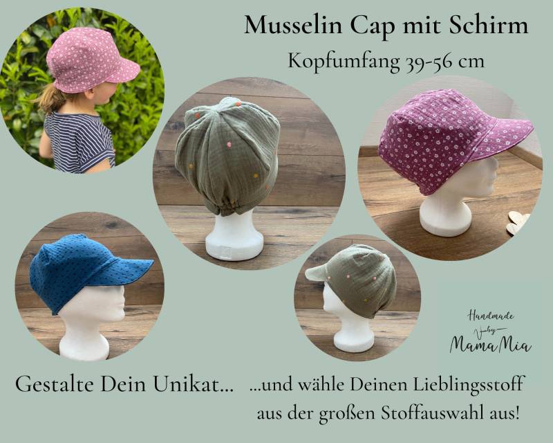 Schirmmütze/ Sonnencap/Sonnenhut/ Musselinhut Kindersonnenhut in Wunschgröße Und Wunschdesign Ku 39-56 Junge + Mädchen Musselin Cap von HandmadeByMamaMia