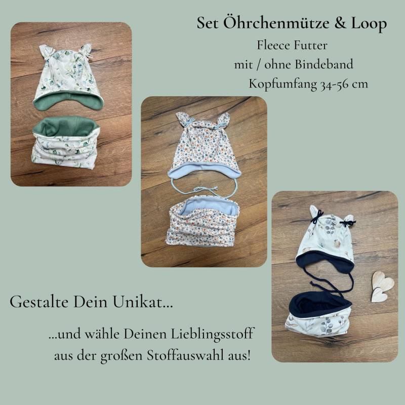 Warmes Set Baby Öhrchenmütze/Babymütze Mit Loop Halssocke Handmade Stoffauswahl Und Wunschgröße Gefüttert Baumwoll Fleece von HandmadeByMamaMia