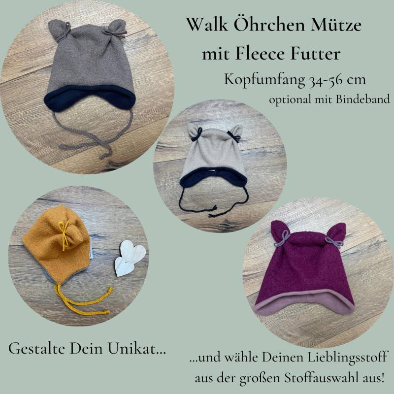 Winter Öhrchenmütze/Babymütze Kindermütze Walkmütze Mit Fleece Futter Ku 34-56 Optional Bindeband Wollwalk Schurwoll Wintermütze von HandmadeByMamaMia