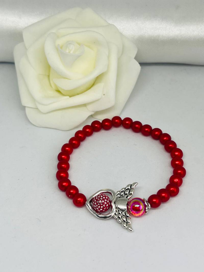 Perlenarmband in Rot Mit Acrylperlen Und Schutzengel von HandmadeBySimone86