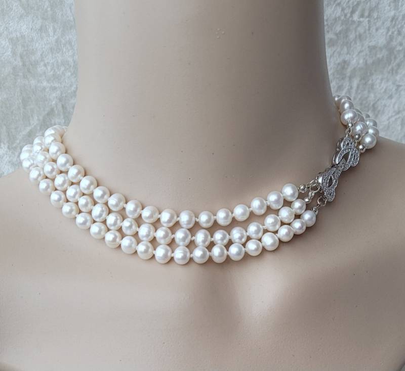 Multi Strang 925 Sterling Silber Süßwasser Perlen Halskette von HandmadeBySo