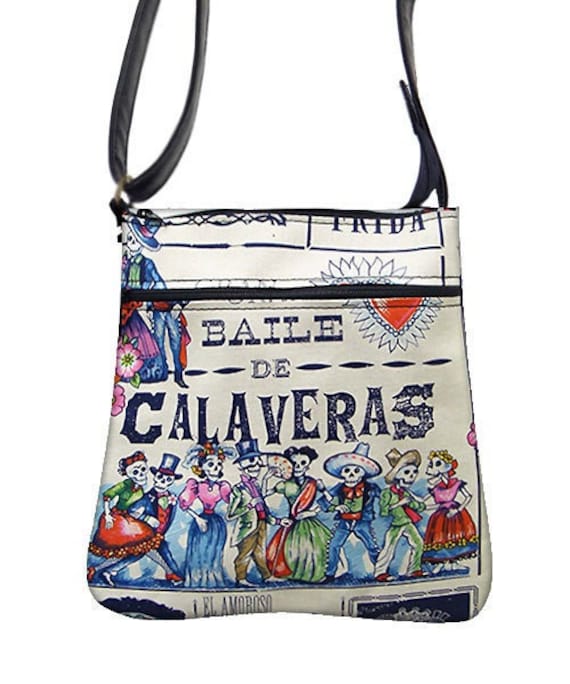 Handgemachte Handtasche Crossover Body Bag Mit "Baile De Calaveras" Muster Schultertasche Geldbörse, Neu von HandmadeFashion