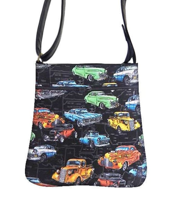 Handgemachte Handtasche Crossover Body Bag Mit "Classic Cars" Rockabilly Muster Schultertasche Handtasche, Neu von HandmadeFashion