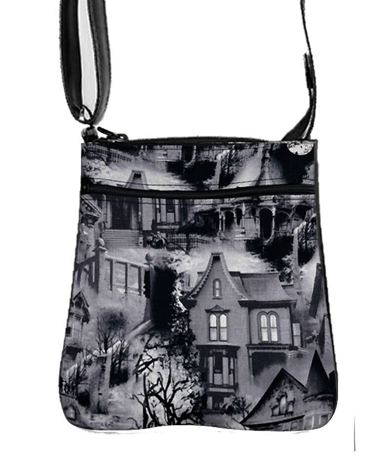 Handgemachte Handtasche Crossover Body Bag Mit "Wicked Haunted Houses" Muster Schultertasche Geldbörse, Neu von HandmadeFashion