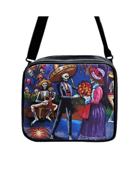 Handgemachte Handtasche Große Crossover Body Bag Mit "La Parranda Halloween Skulls" Gothic Muster Geldbörse Neu von HandmadeFashion