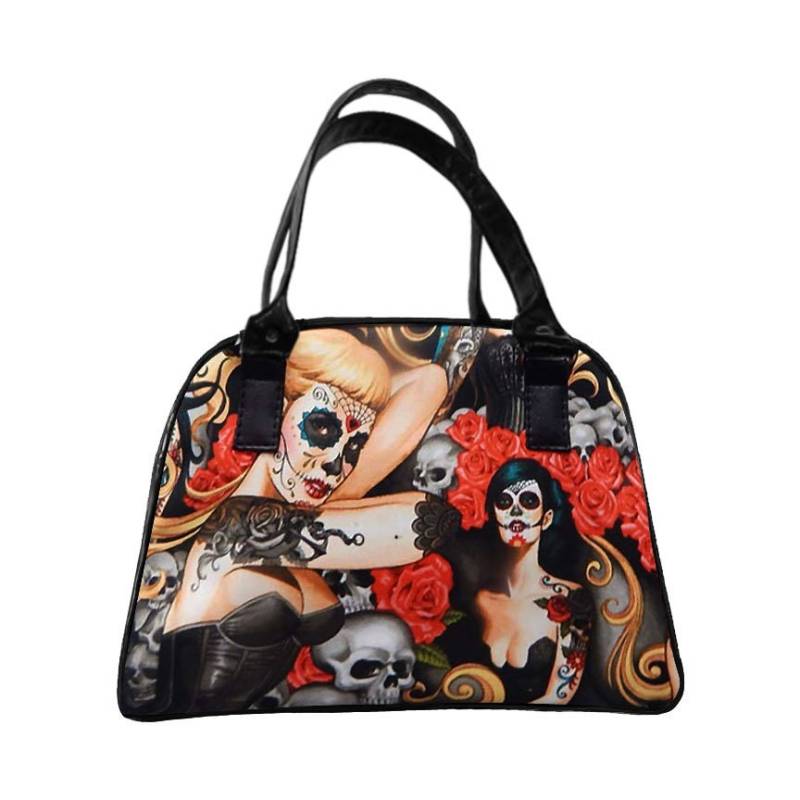 Handgemachte Handtasche Medium Bowler Bag Satchel Style Mit "Las Elegantes" Schwarz Glänzend Schimmern Stoff Muster Tasche Geldbeutel, Neu von HandmadeFashion