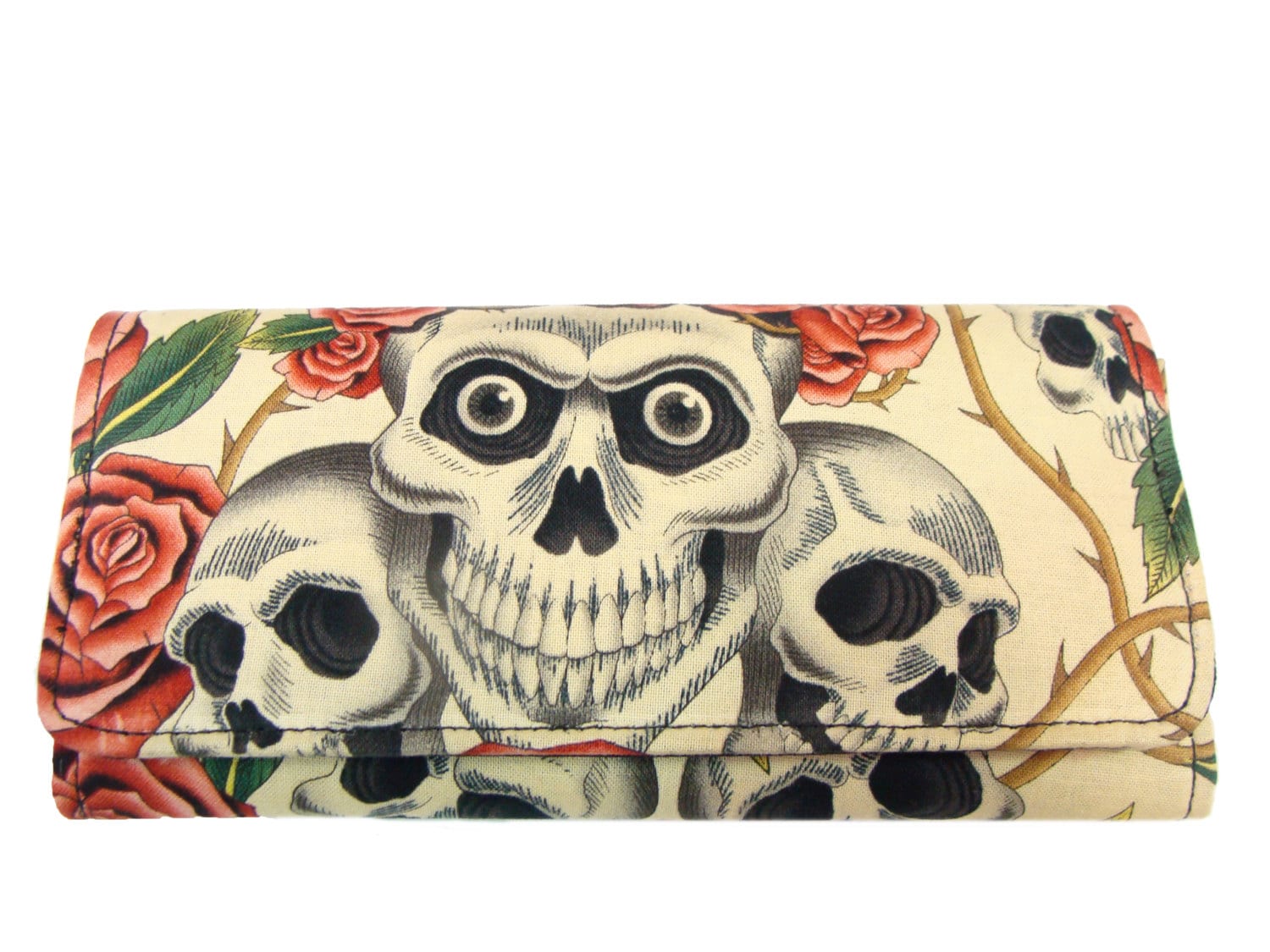 Portemonnaie Totenköpfe Und Rosen Skelett Handmade Biege Farbe Alexander Henry Stoff von HandmadeFashion