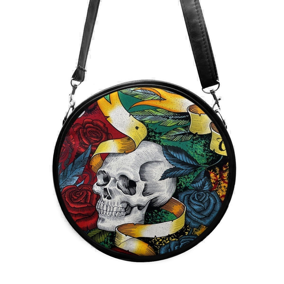 Us Handarbeit Kleine Kreis Handtasche Schultertasche Style Mit "Skulls Crown Color" Muster, Selten, Neu von HandmadeFashion