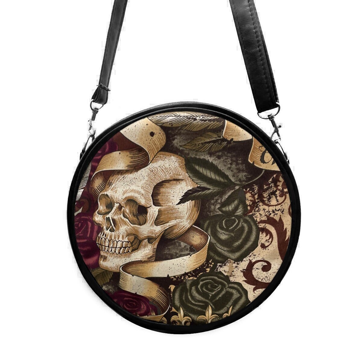 Us Handarbeit Kleine Kreis Handtasche Schultertasche Style Mit "Skulls Crown" Muster, Selten, Neu von HandmadeFashion