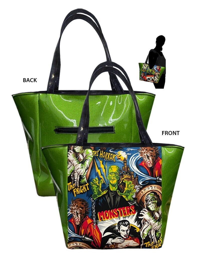 Us Handgemachte Handtasche Shopping Travel Schultertasche Mit "Monsters" Shiny Green Side Pattern Geldbörse, Baumwolle, Neu Us Handgemachte Handtasche Shopping Travel Schultertasche Mit "Monsters" Shiny Green Side Pattern Geldbörse, Baumwolle, Neu von HandmadeFashion